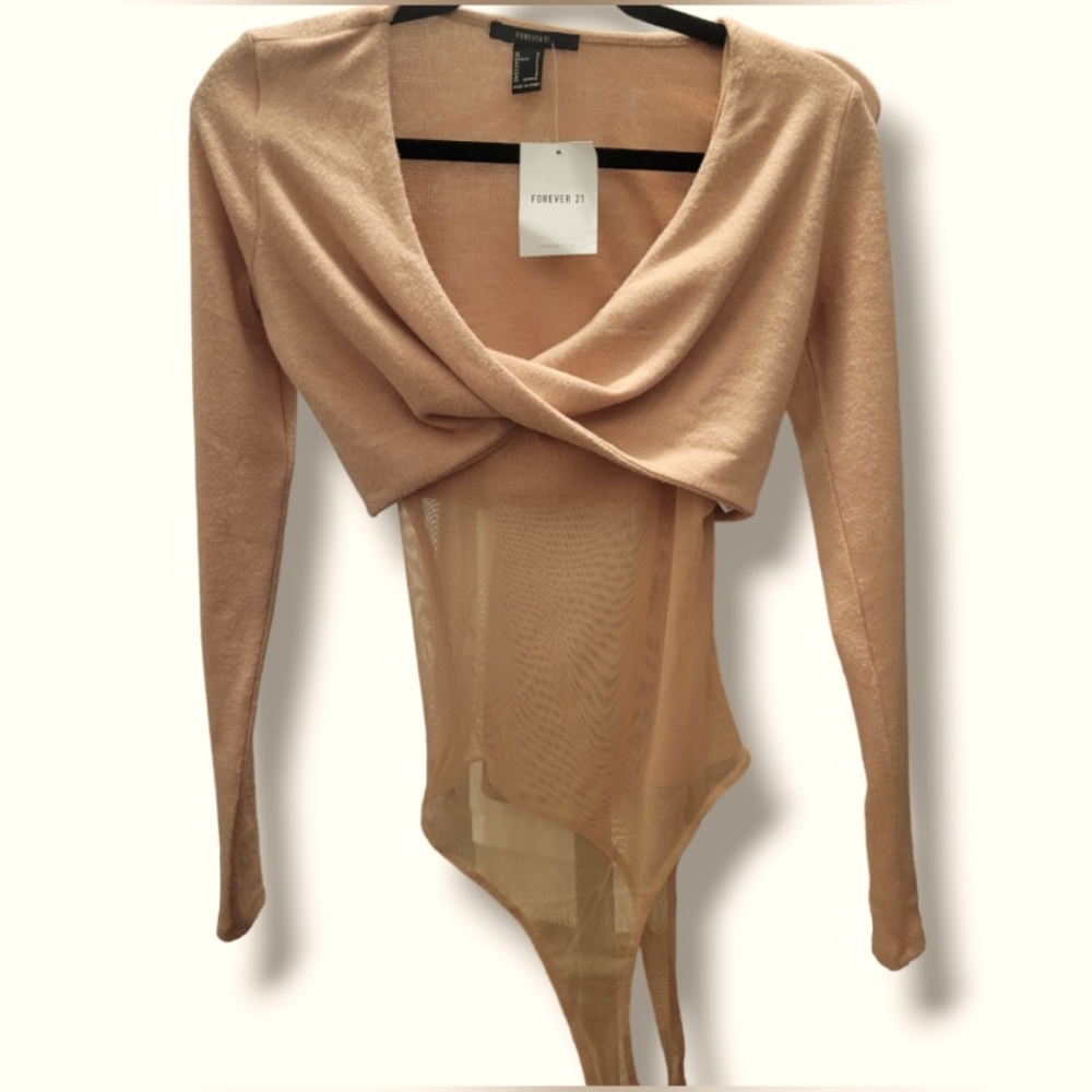 NWT Forever21 Mes-sheer Bodysuit with attached pullover cover up. Small. BEIGE.